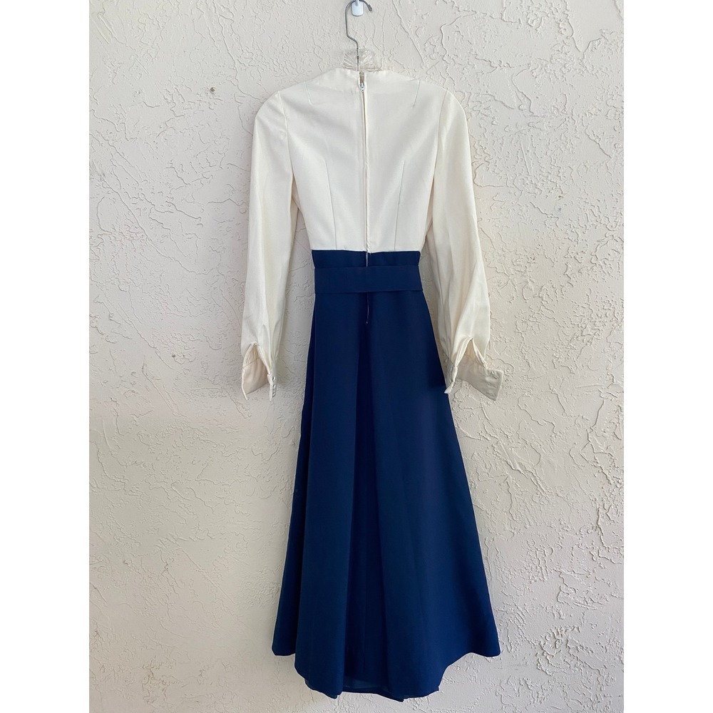 Vintage 70s Retro Handmade Maxi Dress Women S Cream Navy LS Belted Theater Choir